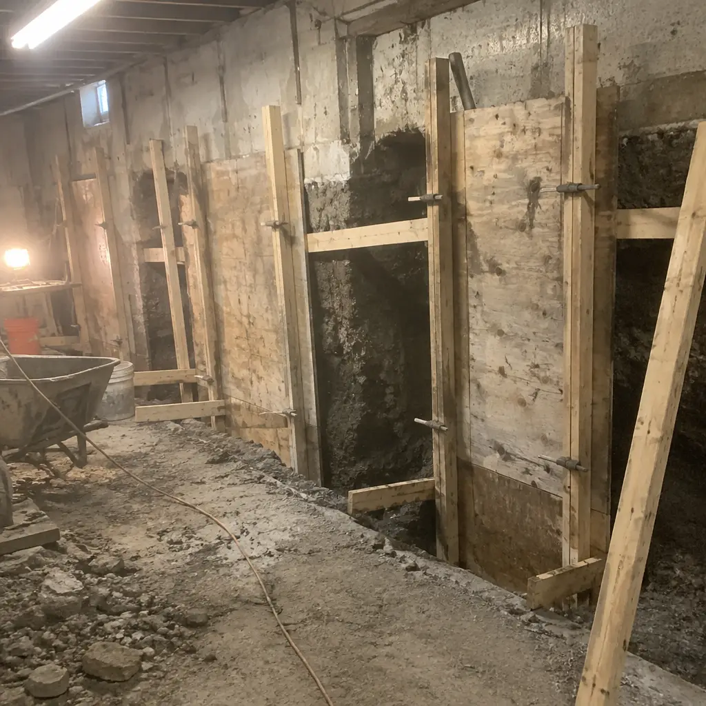 Basement Underpinning worksite in Markham, York Region - pin excavation and shoring