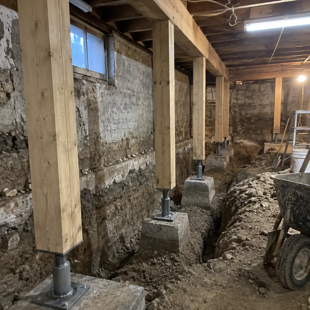 Basement Underpinning worksite in Pickering, Durham Region - pin excavation and shoring