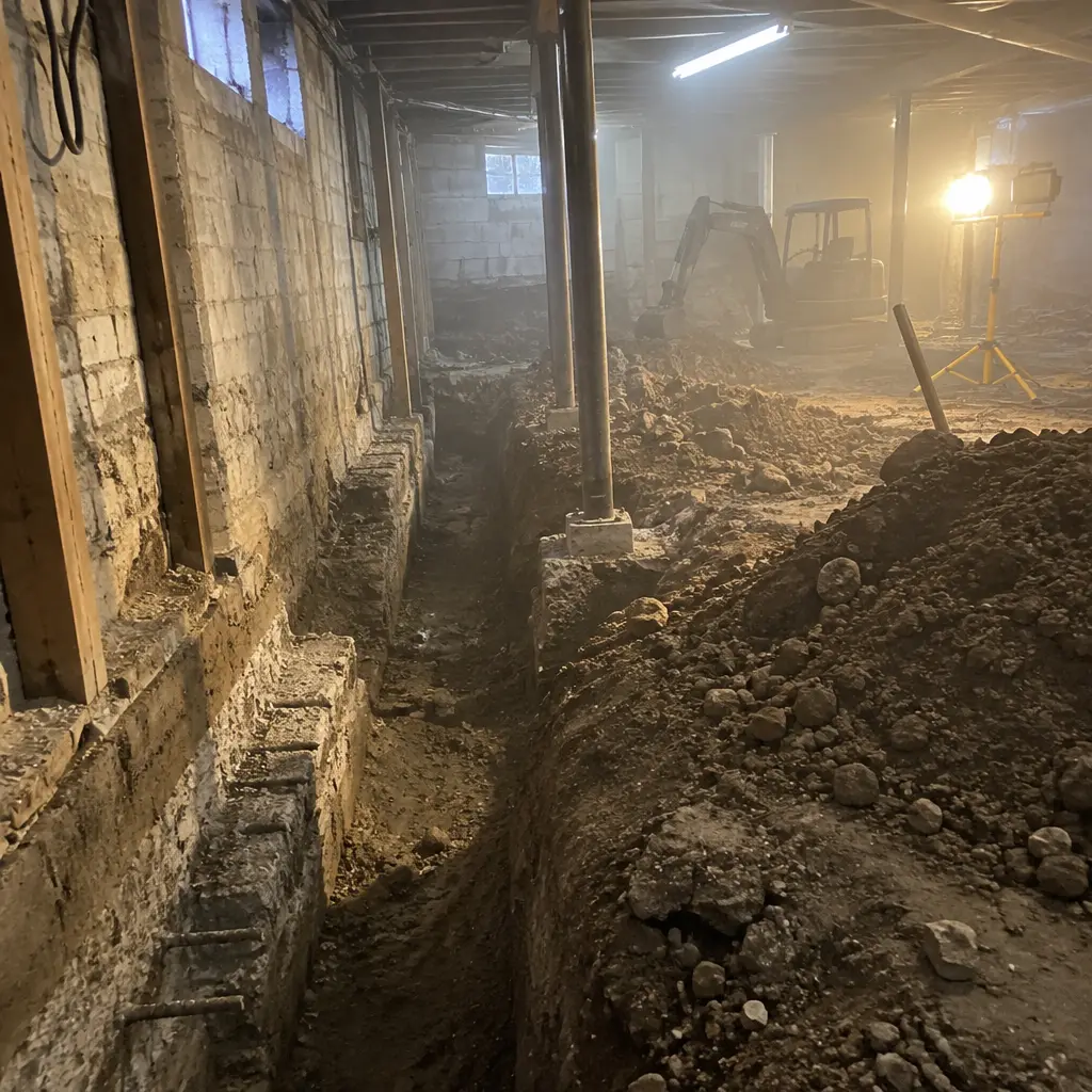 Basement Underpinning worksite in Oshawa, Durham Region - pin excavation and shoring