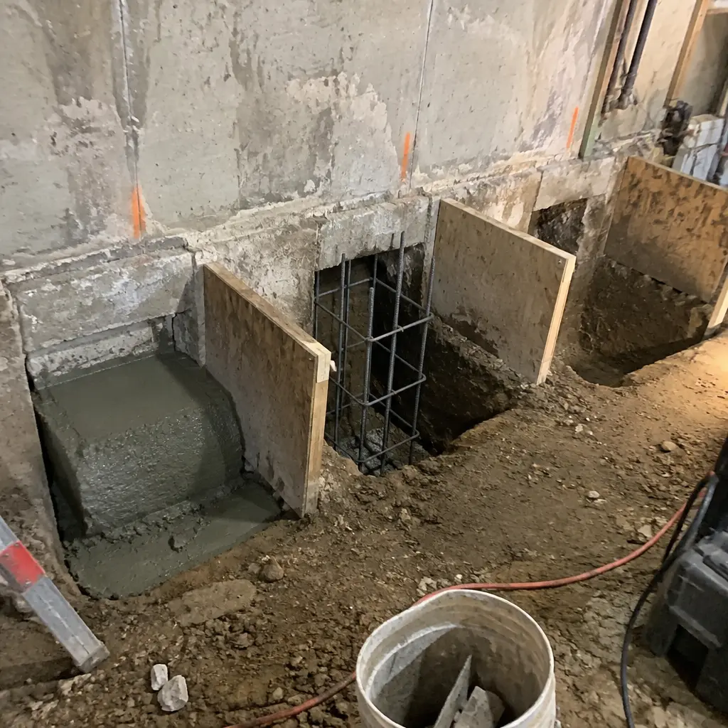 Basement Underpinning worksite in Kitchener, Region of Waterloo - pin excavation and shoring