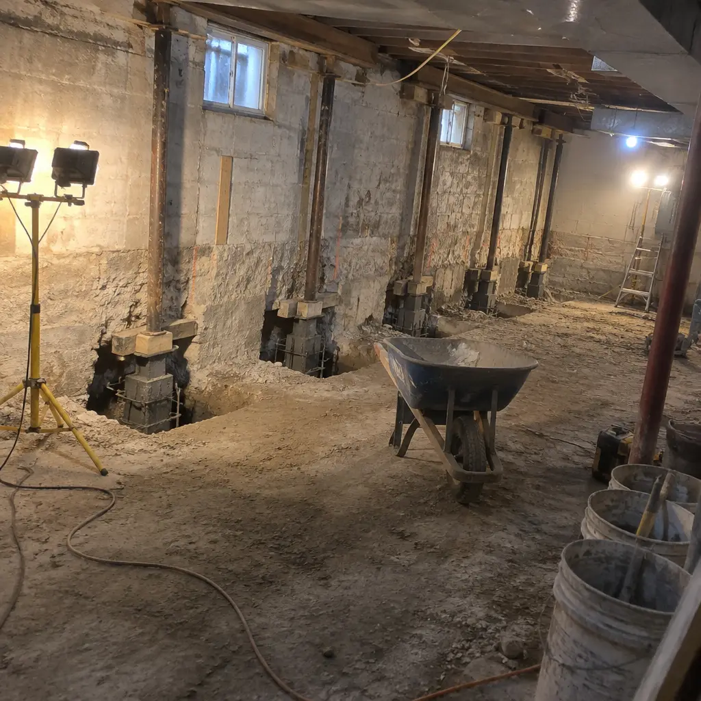 Basement Underpinning worksite in Toronto, City of Toronto - pin excavation and shoring