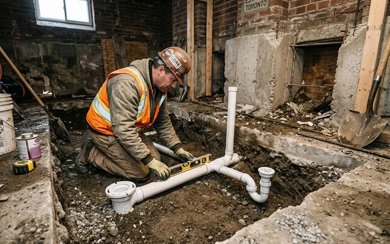 Bathroom plumbing rough-in at a Toronto basement during the underpinning phase, drain lines set below the new slab