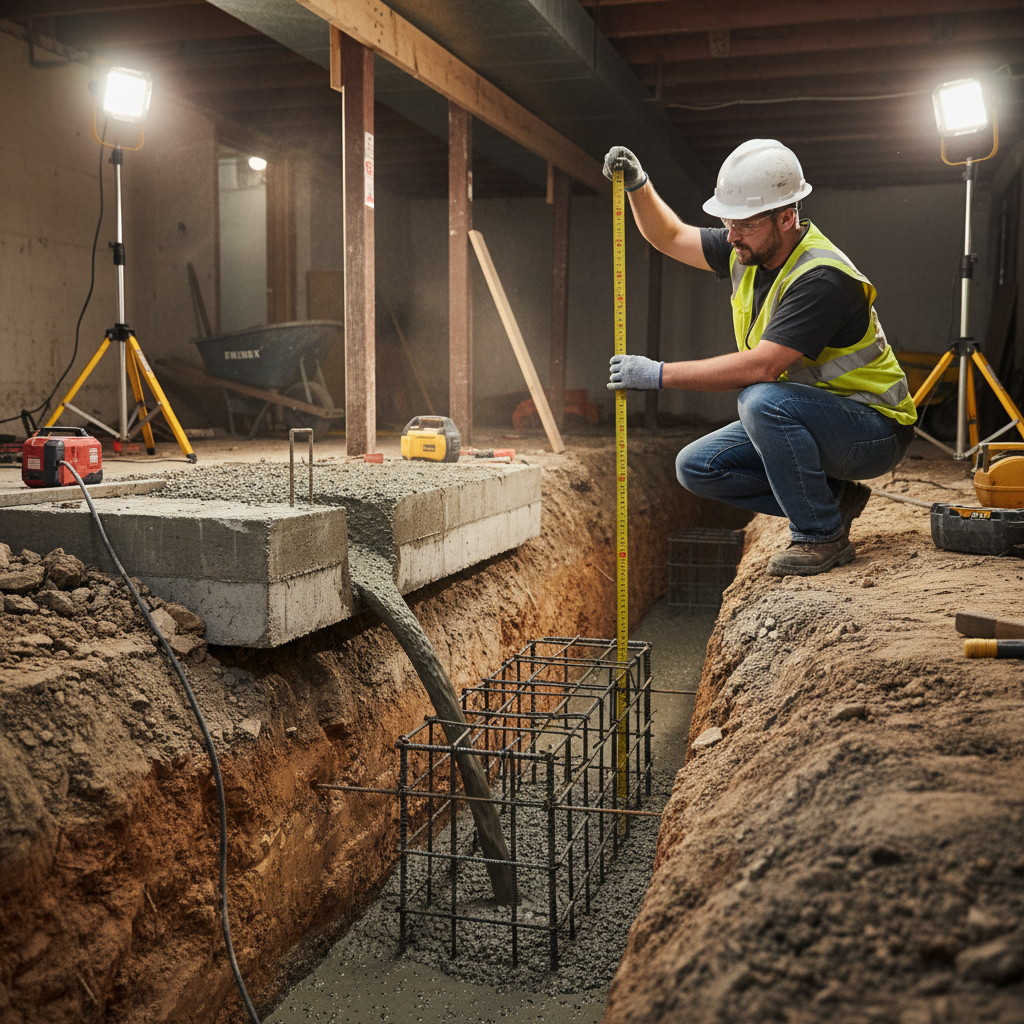 Interior view of Toronto basement showing existing footing being extended with new concrete underpinning section
