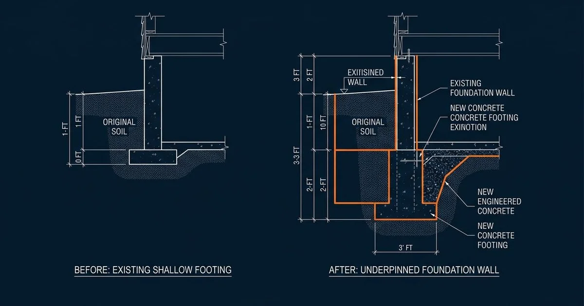 Cross-section diagram of basement underpinning showing existing wall above and the new extended footing below