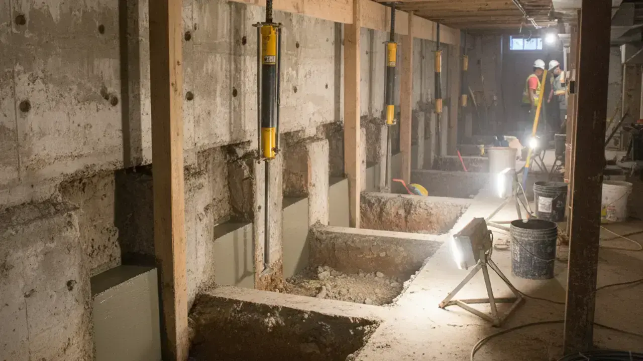 Open pin-section excavation sequence in Annex Toronto Victorian semi during underpinning