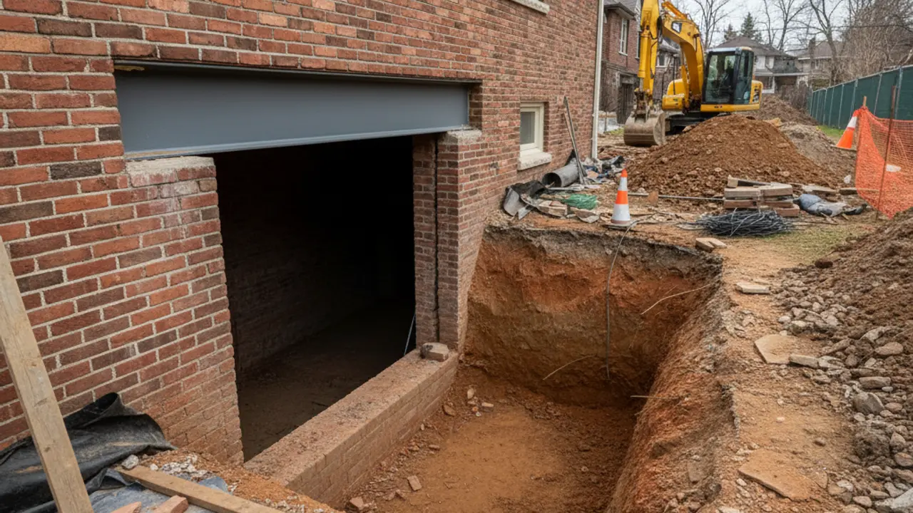 Walkout basement stairwell excavation with structural steel lintel installation in East York