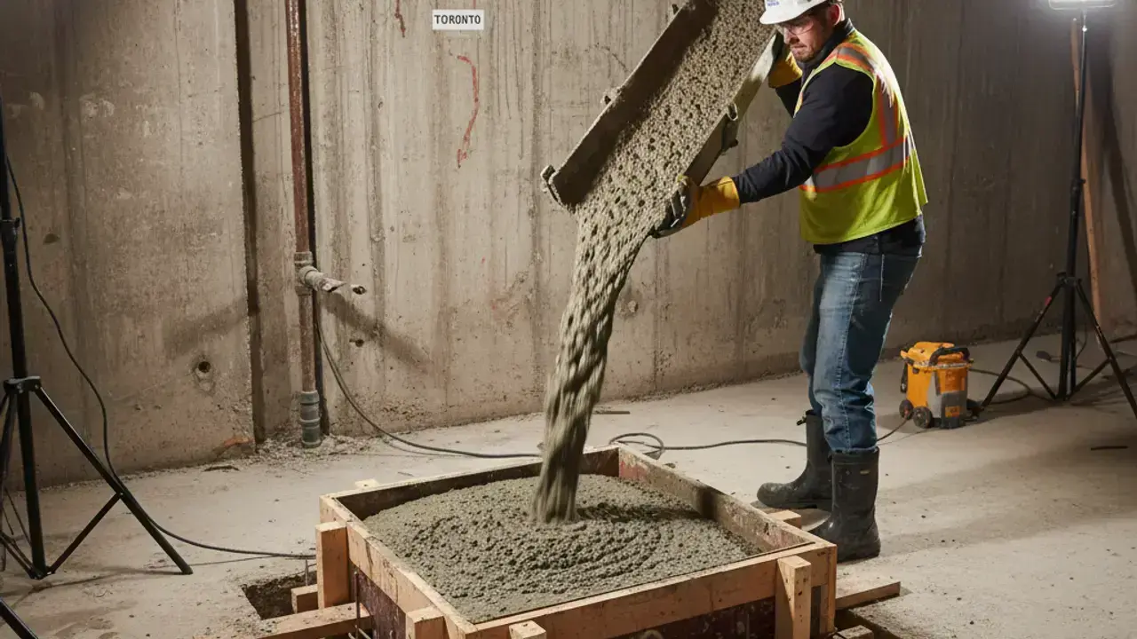 Concrete pour into engineered pin section during North York underpinning project