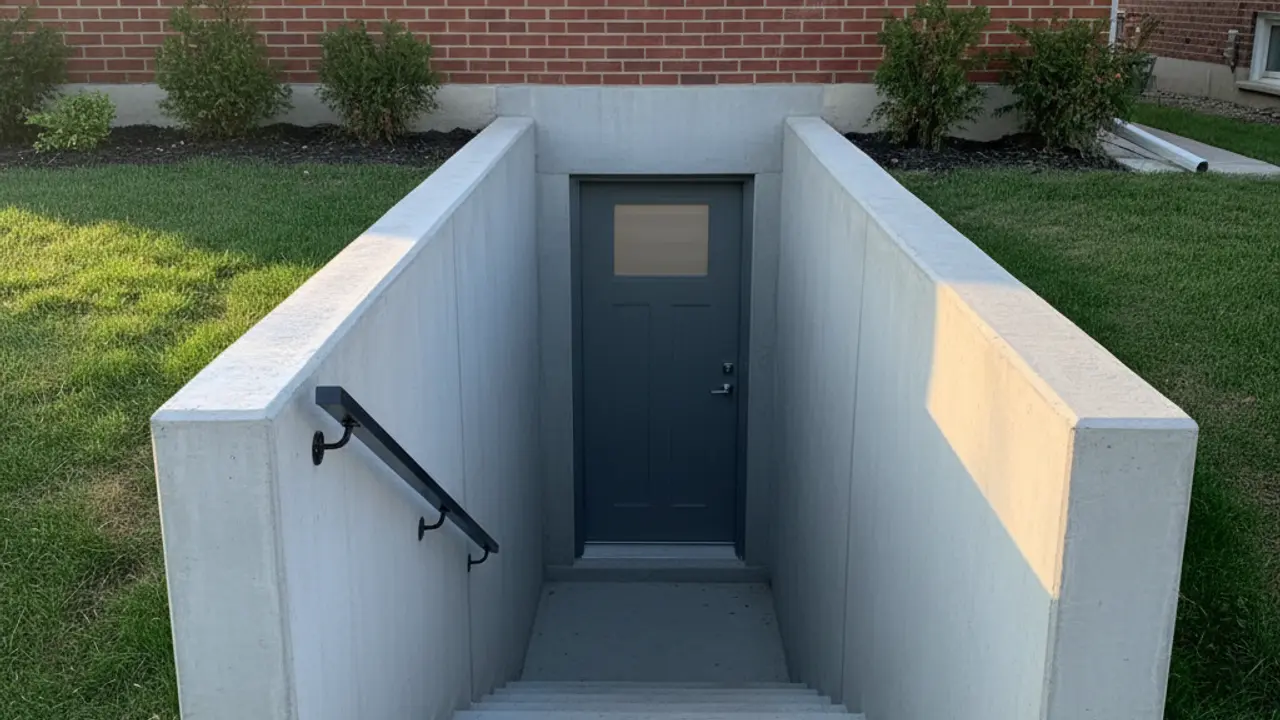 Completed walkout basement entrance with poured concrete retaining wall in Oakville