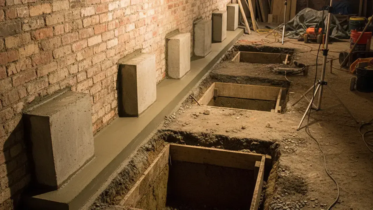 Completed concrete pin sections in Scarborough bungalow basement underpinning project
