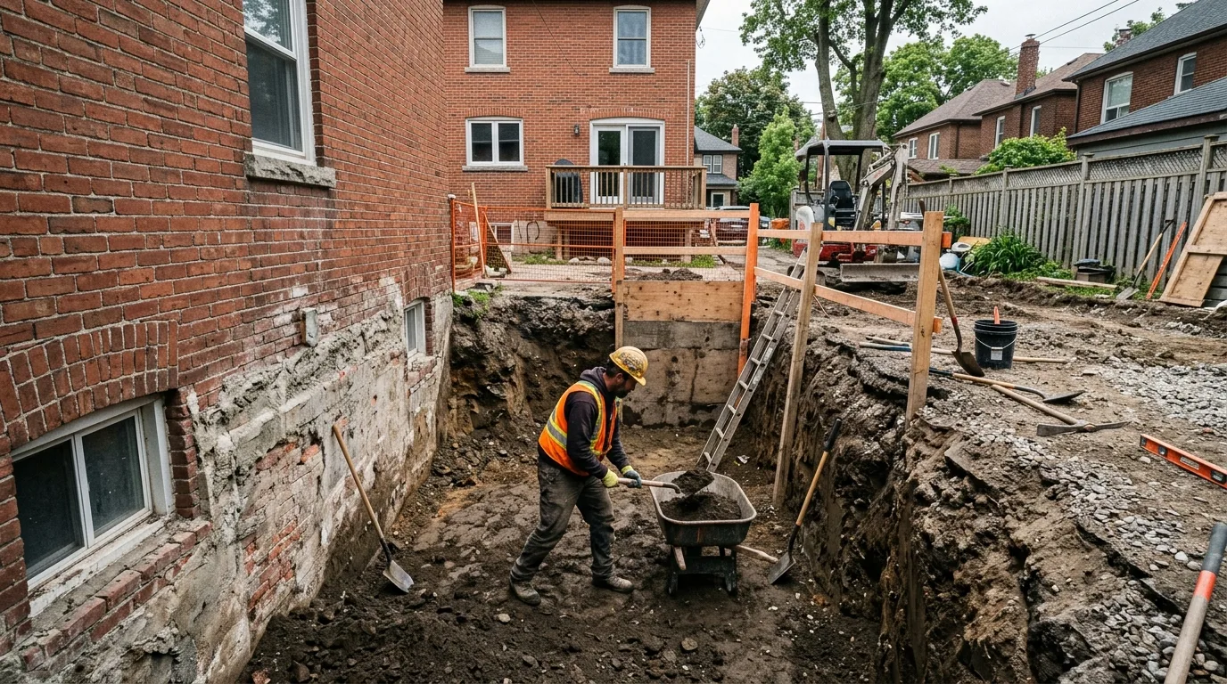 Below-grade stairwell excavation in progress at a Toronto home for a new basement walkout entrance