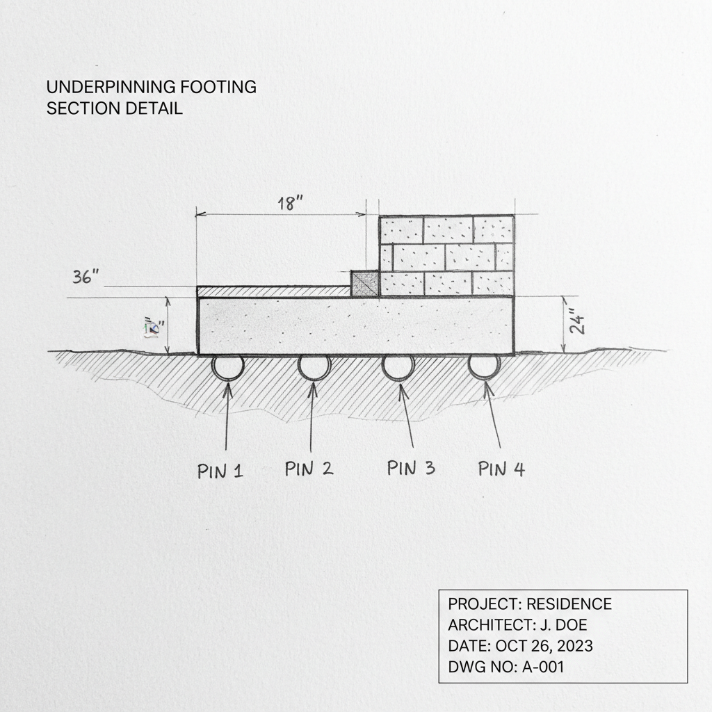 Close-up of underpinning footing section detail drawing showing pin sequence numbers and footing dimensions