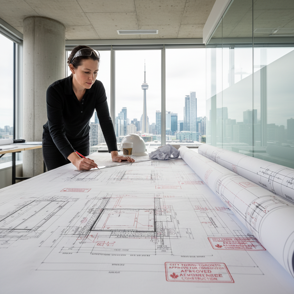 Structural engineer reviewing stamped underpinning drawings at a drafting desk in a Toronto office