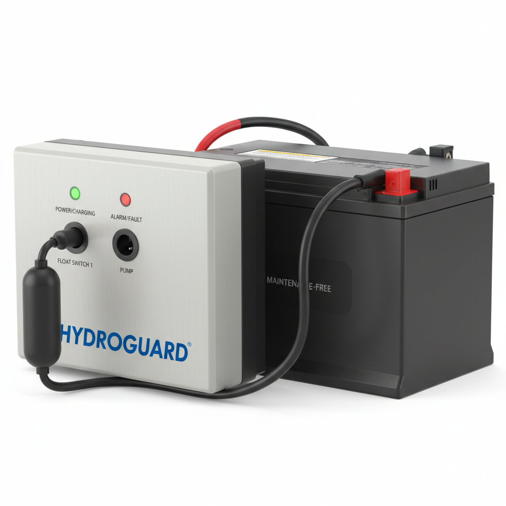 Diagram showing how a battery backup sump pump switches from AC to DC power