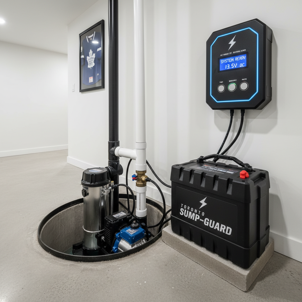 Battery backup sump pump system installed in Toronto basement