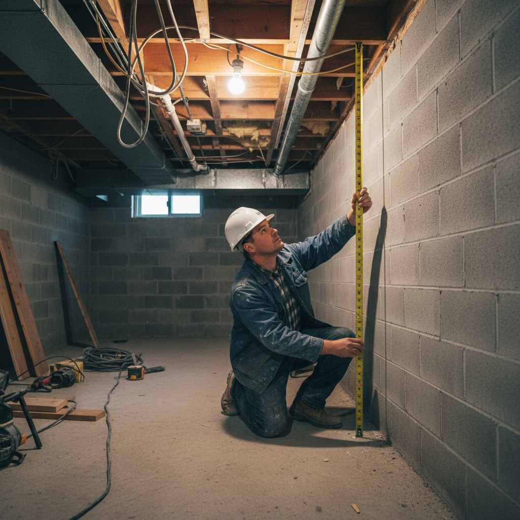 Contractor measuring basement ceiling height in Toronto home