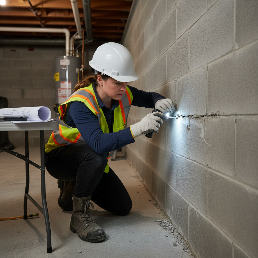 Engineer inspecting foundation crack in Toronto home basement