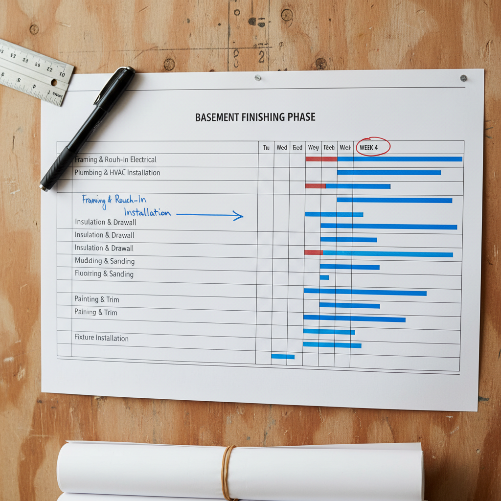 Stage-by-stage basement finishing timeline diagram