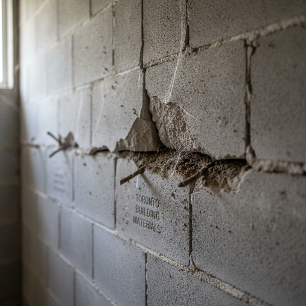 Close-up of foundation crack in Toronto basement wall