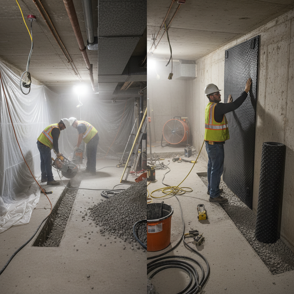 Side-by-side comparison of interior and exterior basement waterproofing methods