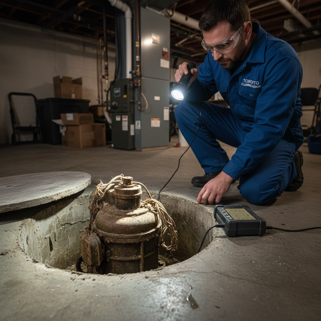 Diagram showing sump pump components and failure points