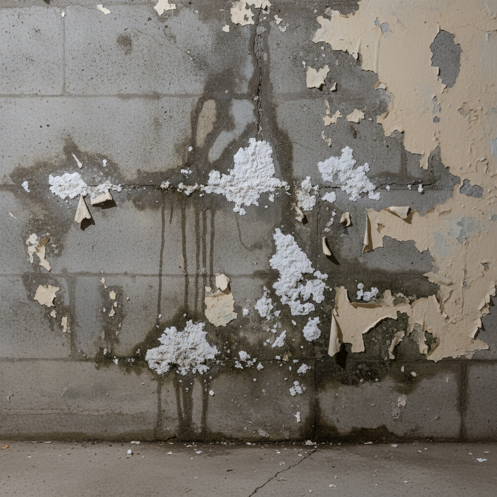 Efflorescence and water stains on Toronto basement wall