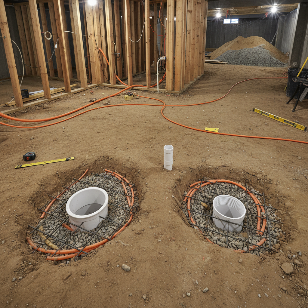 Diagram showing plumbing rough-in sequencing during underpinning before slab pour