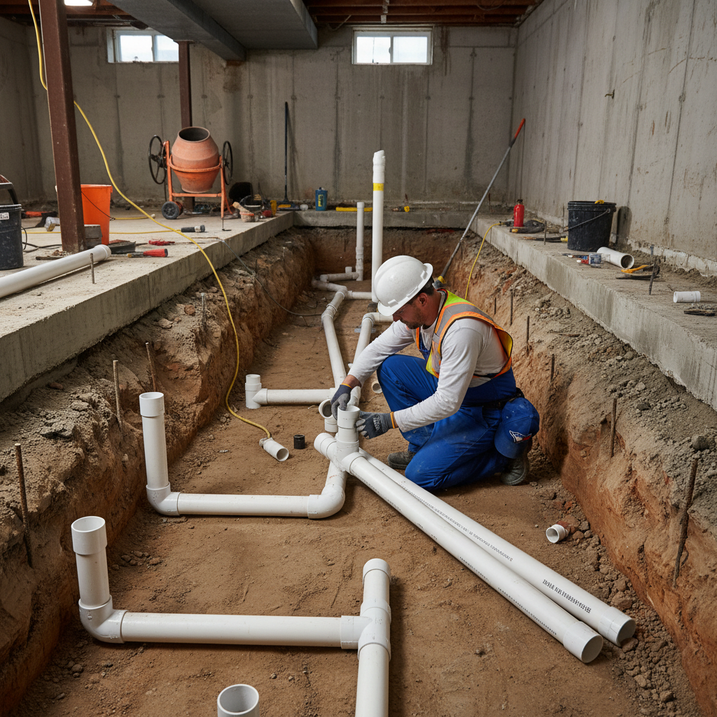 Underground plumbing rough-in installed before basement slab pour during underpinning