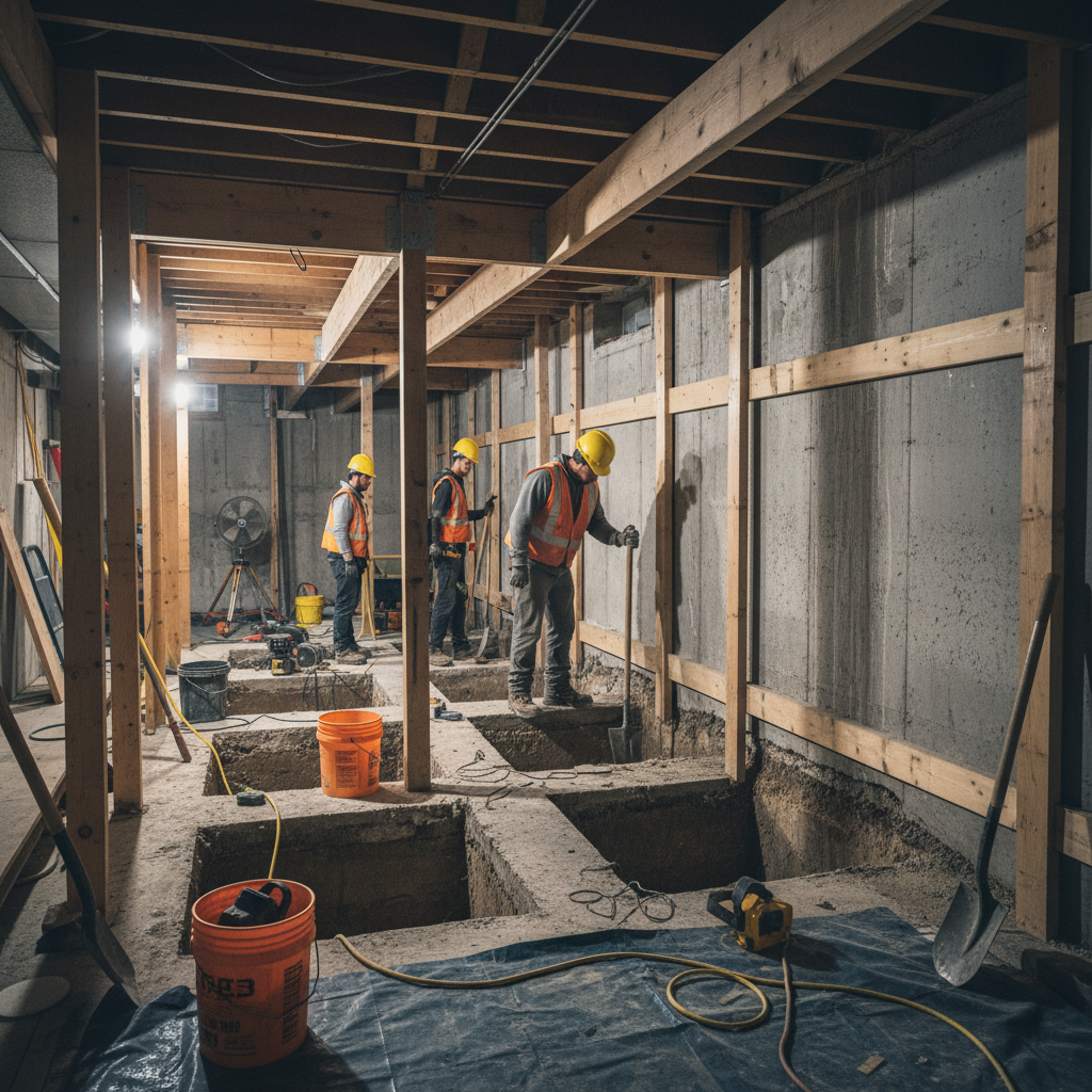 Structural engineer supervising basement underpinning excavation in Toronto