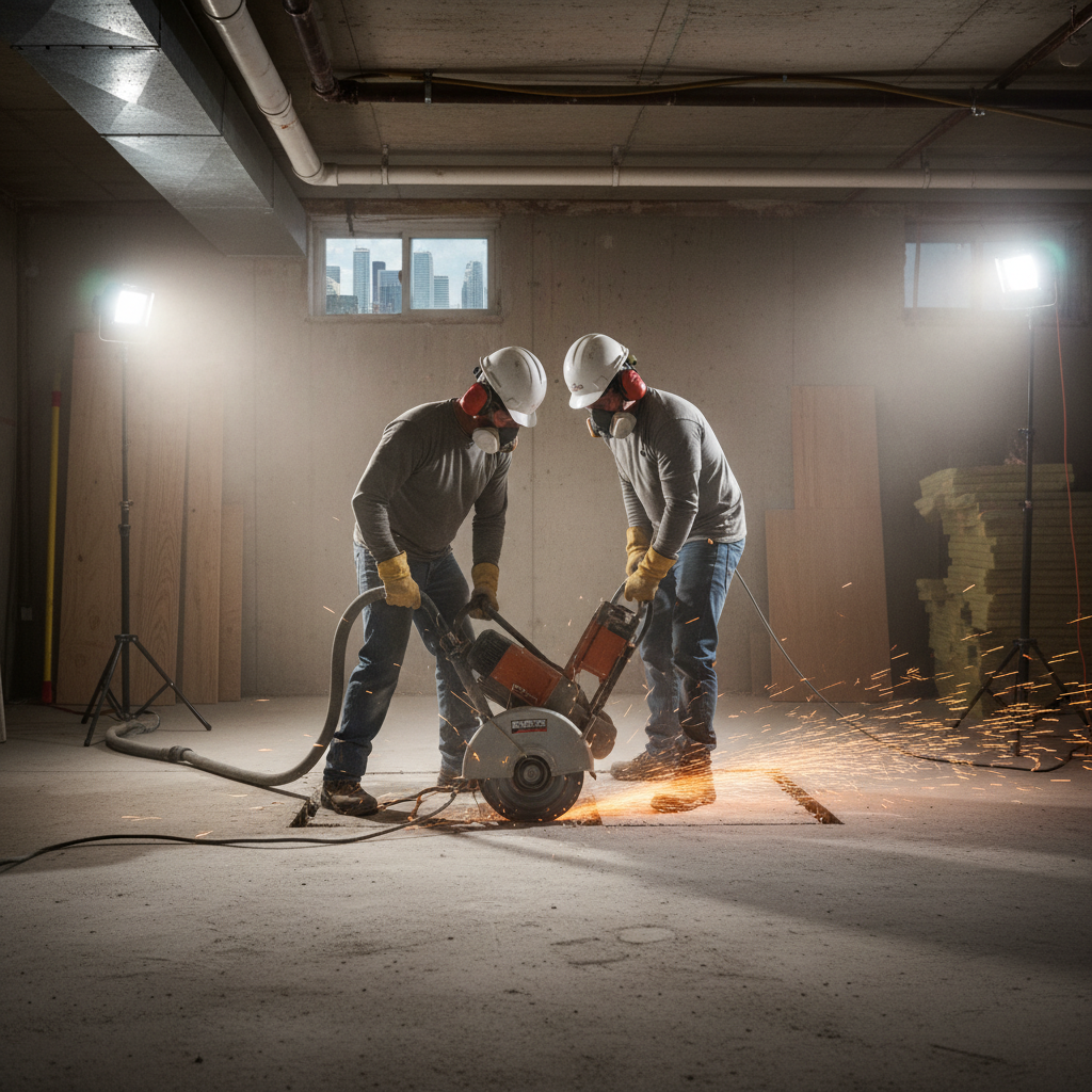 Interior basement waterproofing installation in progress in Toronto home