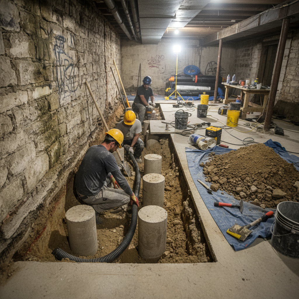 Interior waterproofing drainage channel being installed during underpinning in Toronto basement