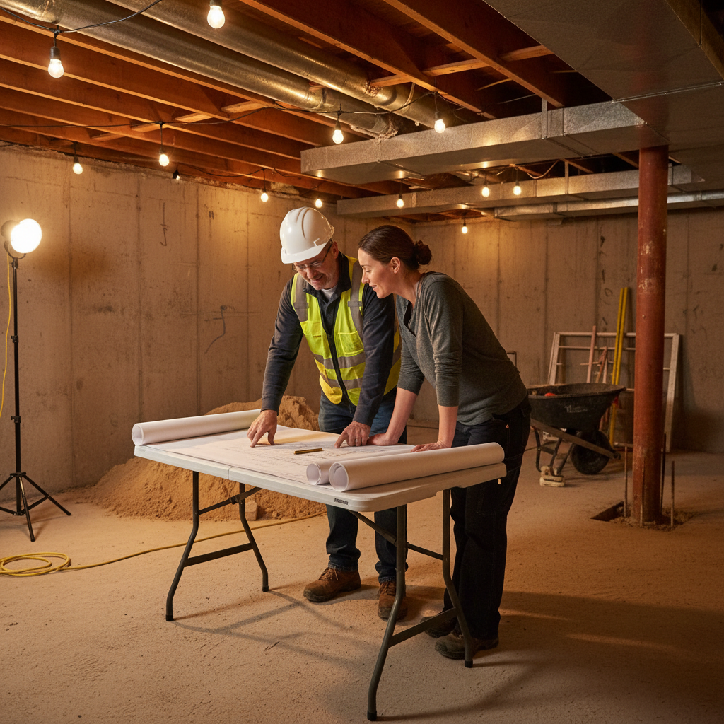 Active basement underpinning construction in Toronto home with pin section excavated