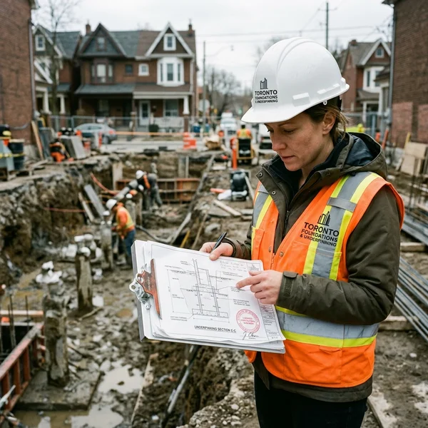 Engineered drawings being reviewed at a Toronto basement underpinning site