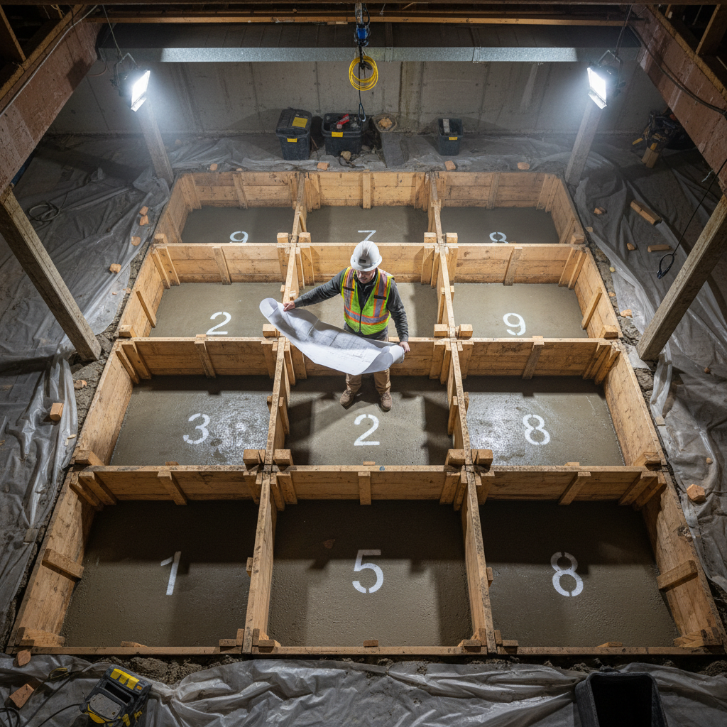 Interior view of staged pin-section excavation sequence in a Toronto basement